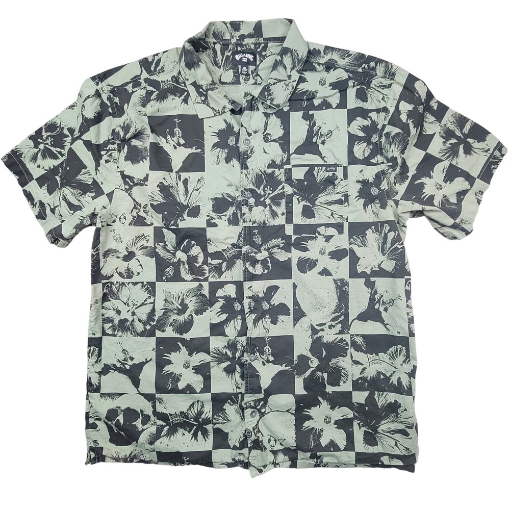 Billabong Mens XXL Short Sleeve Button Down Shirt Green Black Skull Floral Check